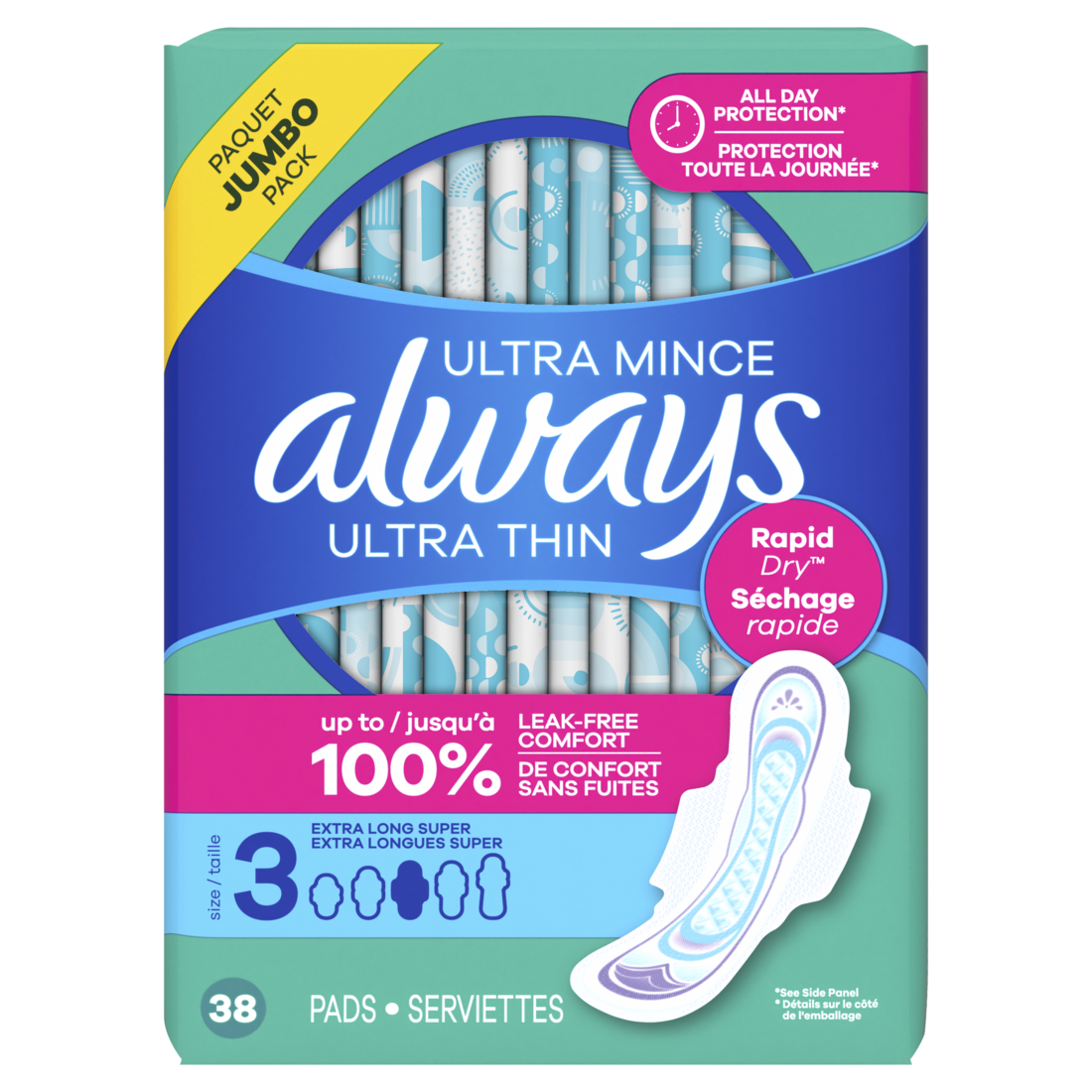 Always Ultra Thin Feminine Pads with Wings for Women Size 3 Extra Long Super Absorbency Unscented - 38ct/3pk