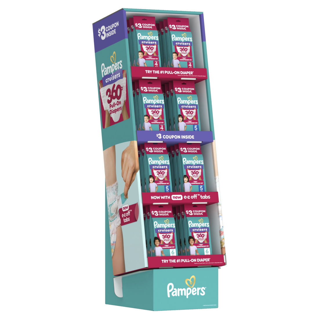 Pampers Cruisers 360 Trial Pack Display (15x3ct Size 4; 15x3ct Size 5; 10x3ct Size 6) - 3ct/40pk
