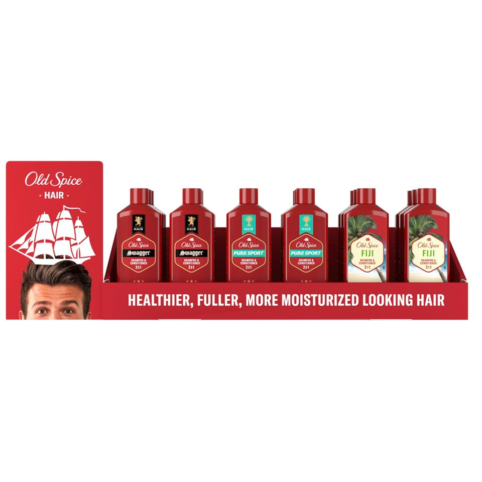 Old Spice Display 2in1 Shampoo & Conditioner: Fiji (x6) Pure Sport (x6) Swagger (x6) - 13.5oz/18pk