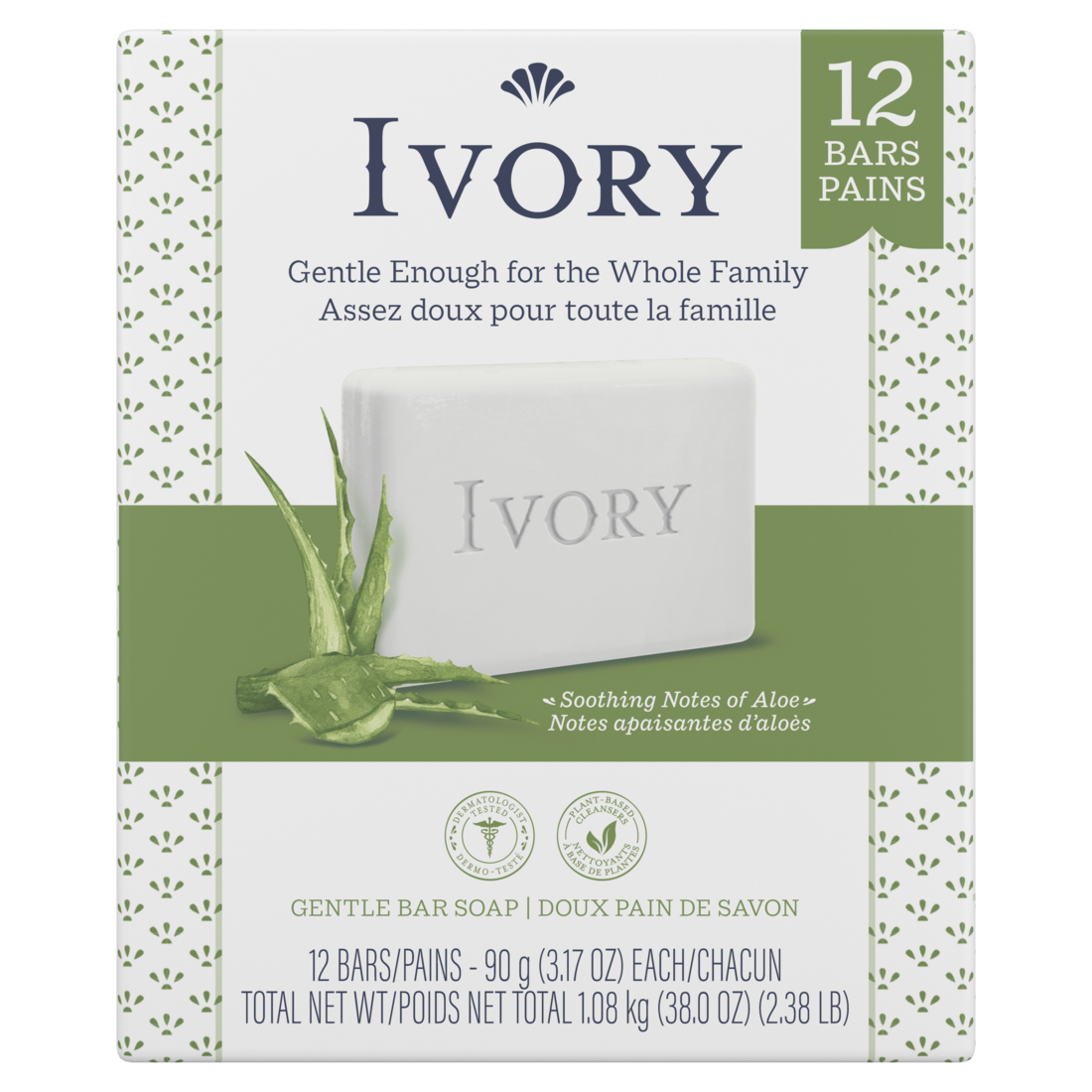 Ivory Gentle Bar Soap Soothing Notes of Aloe - (12x3.17)oz/4pk