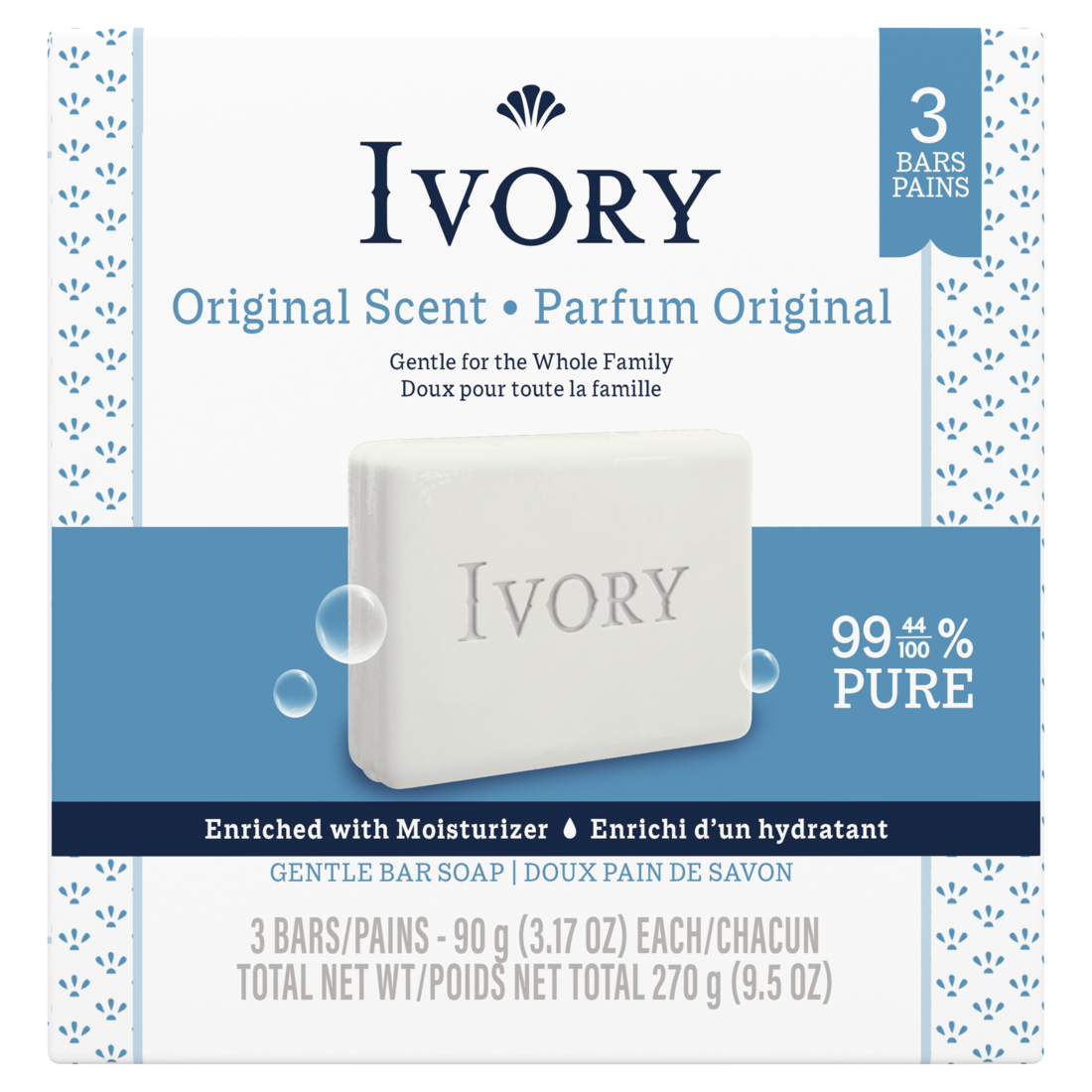 Ivory Gentle Bar Soap Designed For Whole Family 99.44% Pure Formula Plant-Based Cleansers Made Without Heavy Perfumes Parabens Or Phthalates Original Scent - (3x3.17)oz/24pk