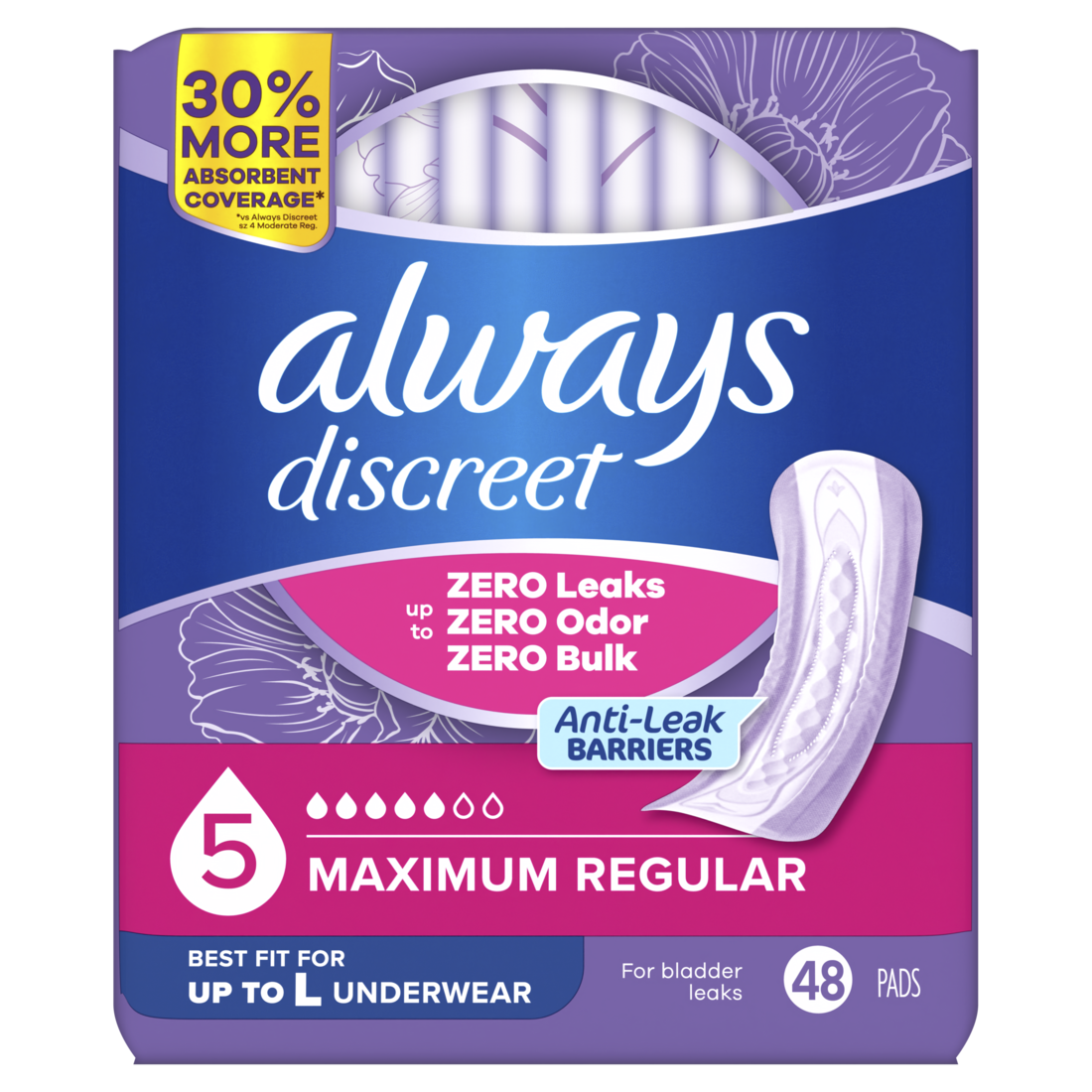 Always Discreet Adult Incontinence Pads For Women Maximum Absorbency Regular Length Postpartum Pads - 48ct/2pk