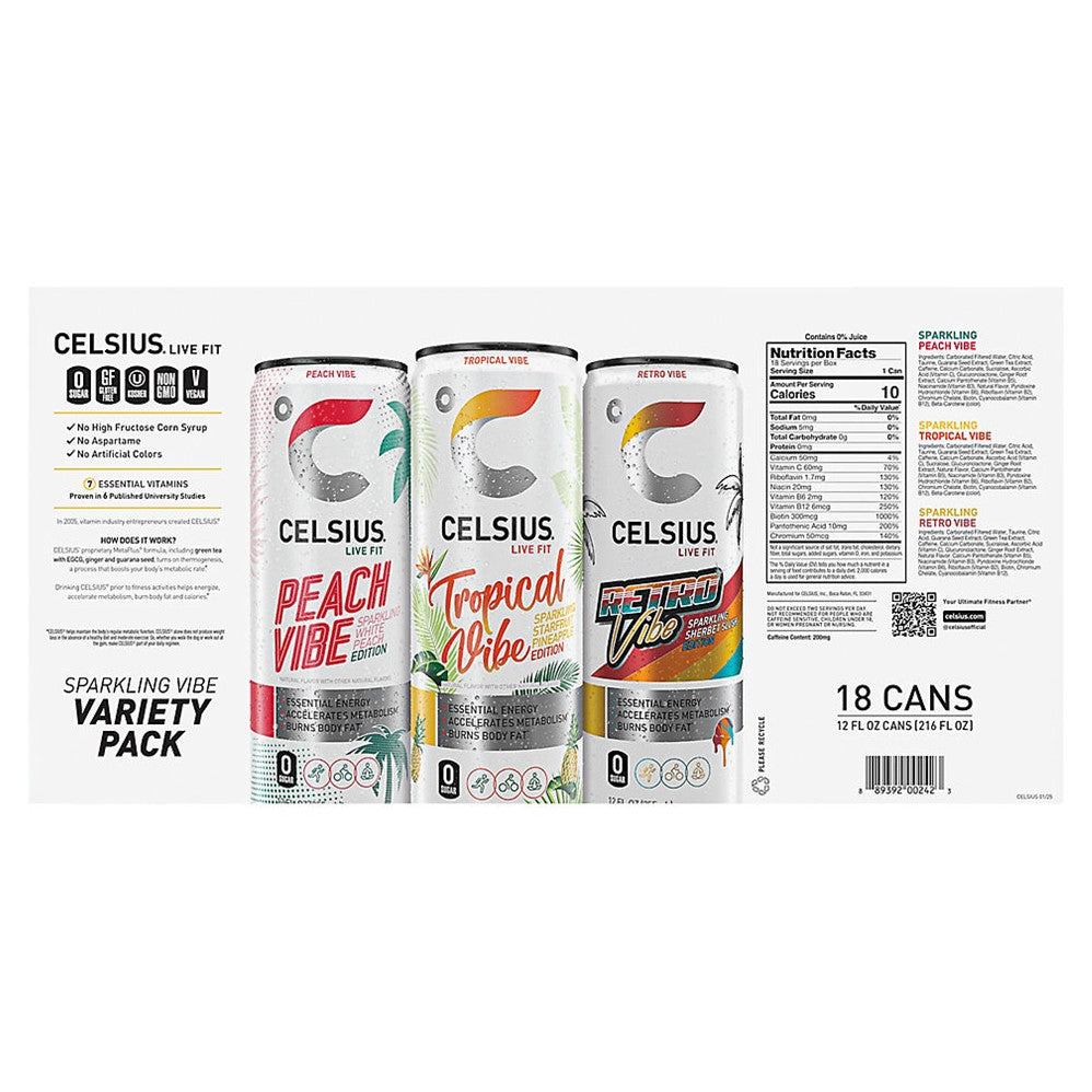 Celsius Live Fit Sparkling Vibe Variety Pack Cans - 12oz/18pk