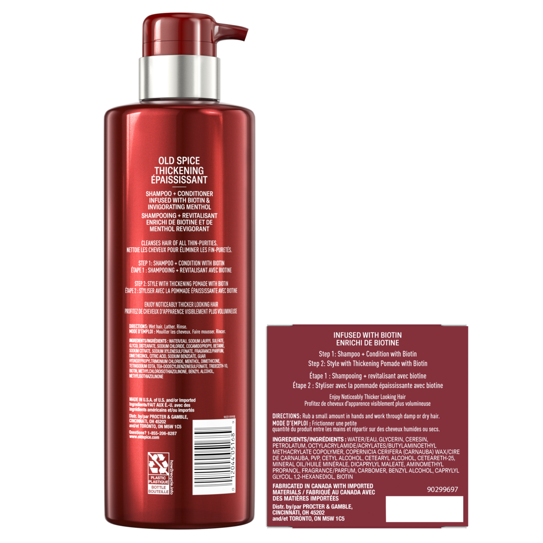 Old Spice Thickening Bundle for Men Thickening Men's 2in1 Shampoo 17.9oz and Conditioner with Biotin and Invigorating Menthol & Thickening Styling Pomade infused with Biotin 2.22oz - (17.9+2.22)oz/4pk