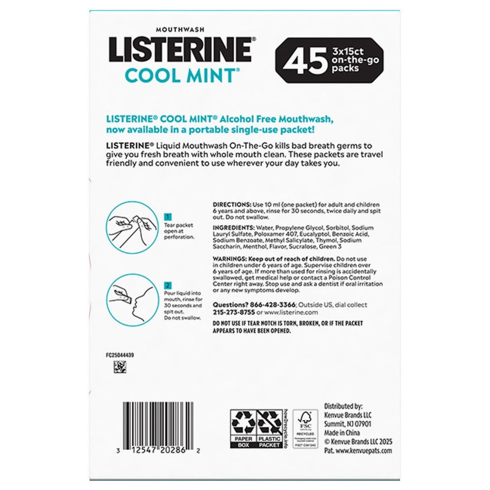 Listerine On-The-Go Cool Mint Mouthwash Sachets Alcohol Free - 45ct/1pk