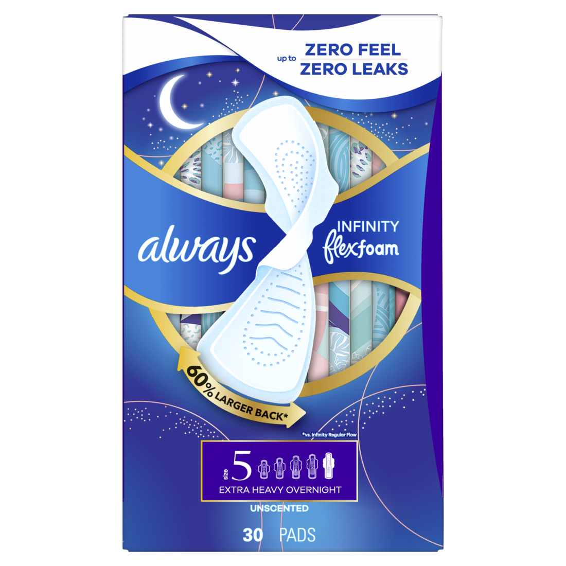 Always Infinity With Flexfoam Pads Size 5 Extra Heavy Overnight With Wings Unscented - 30ct/3pk