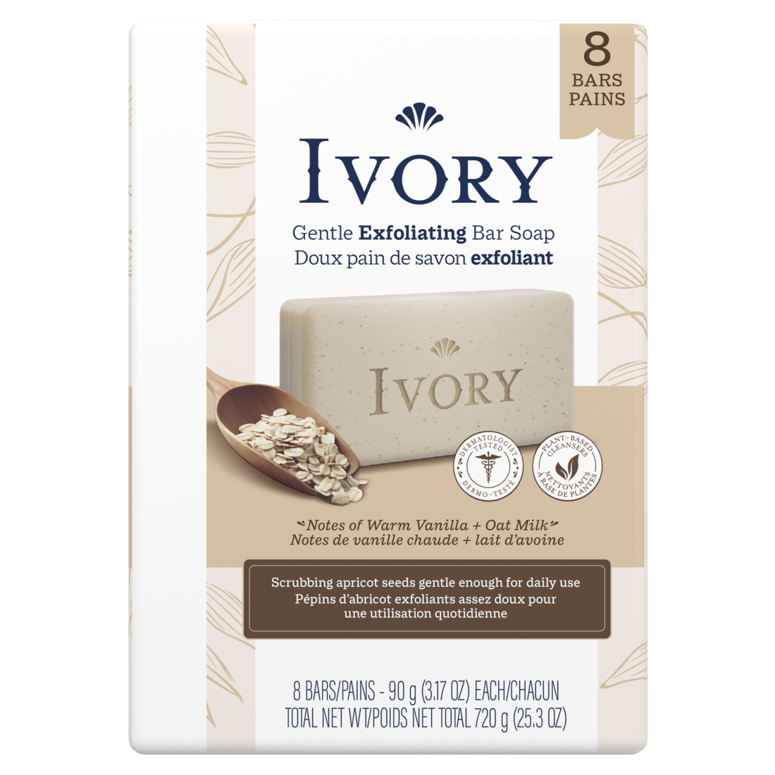 Ivory Gentle Exfoliating Bar Soap Notes Of Warm Vanilla + Oat Milk - (8x3.17)oz/4pk