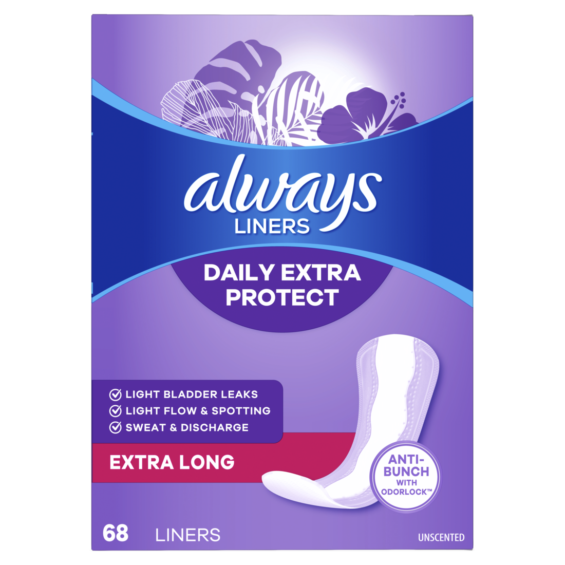 Always Daily Extra Protect Liners Extra Long Length Length Unscented Panty Liners - 68ct/4pk