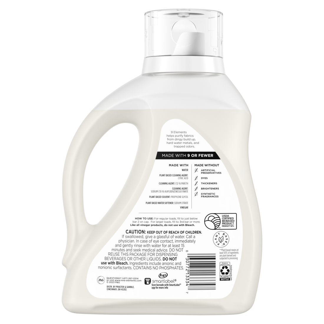 9 Elements Liquid Laundry Detergent Unscented Vinegar Powered - 65oz/4pk