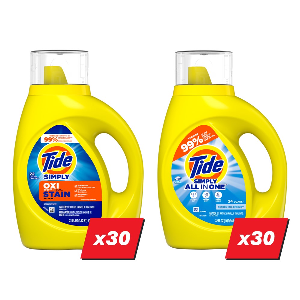 Tide Simply Liquid Laundry Detergent Display (30x31oz Oxi Refreshing Breeze; 30x32oz Refreshing Breeze) - (31-32)oz/60pk