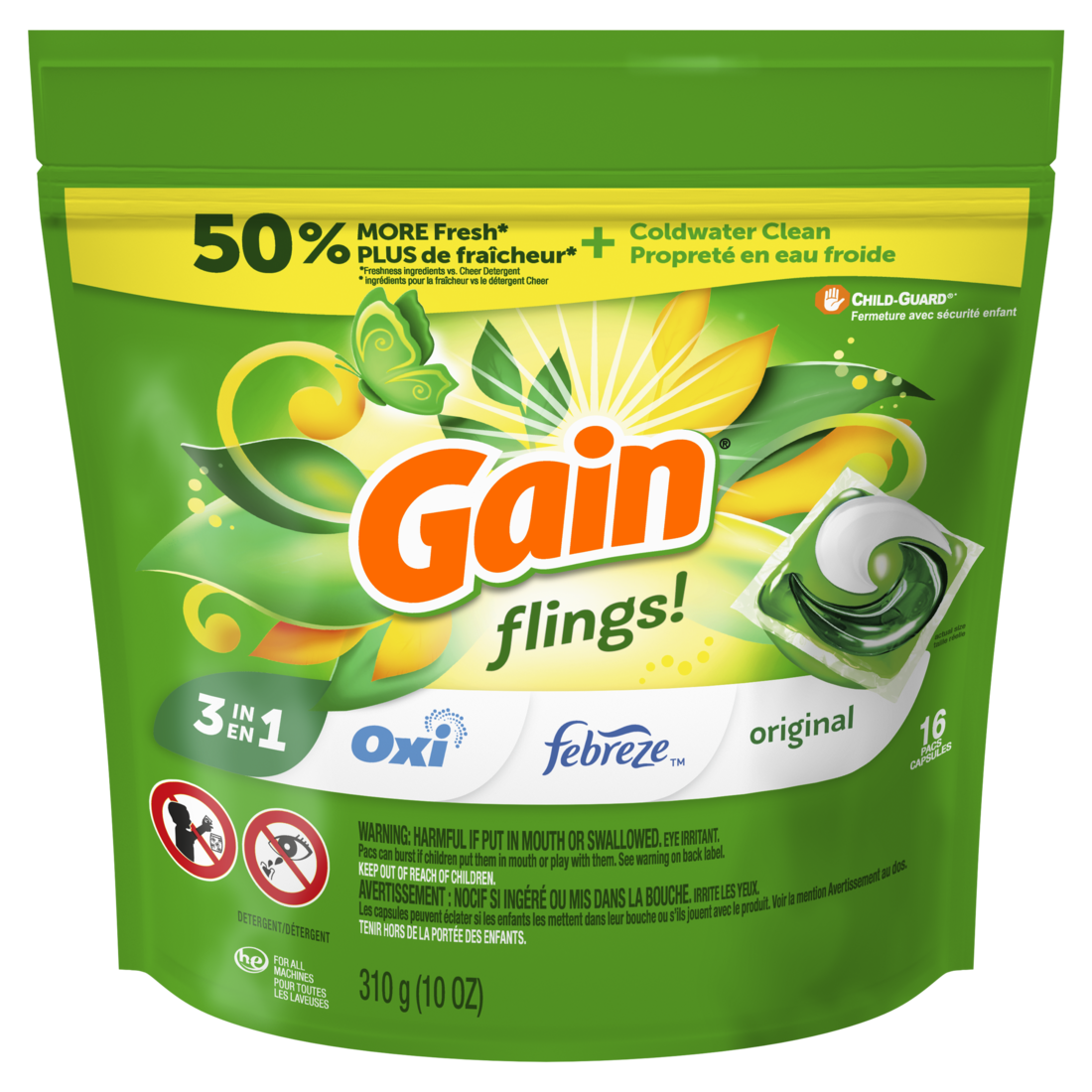 Gain Flings Laundry Detergent Pacs Original Scent With Odor Defense Concentrated Laundry Soap Pacs - 16ct/6pk