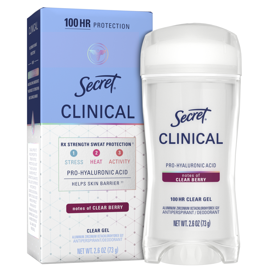 Secret Clinical Antiperspirant Deodorant For Women 100Hr Sweat & Odor Protection Pro-Hyaluronic Acid Clear Gel Clean Berry - 2.6oz/12pk