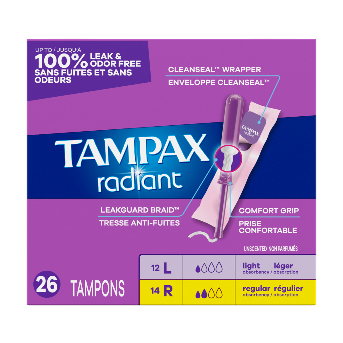 Tampax Radiant Tampons Multipack With Leakguard Braid Light/Regular Absorbency Unscented - 26ct/6pk