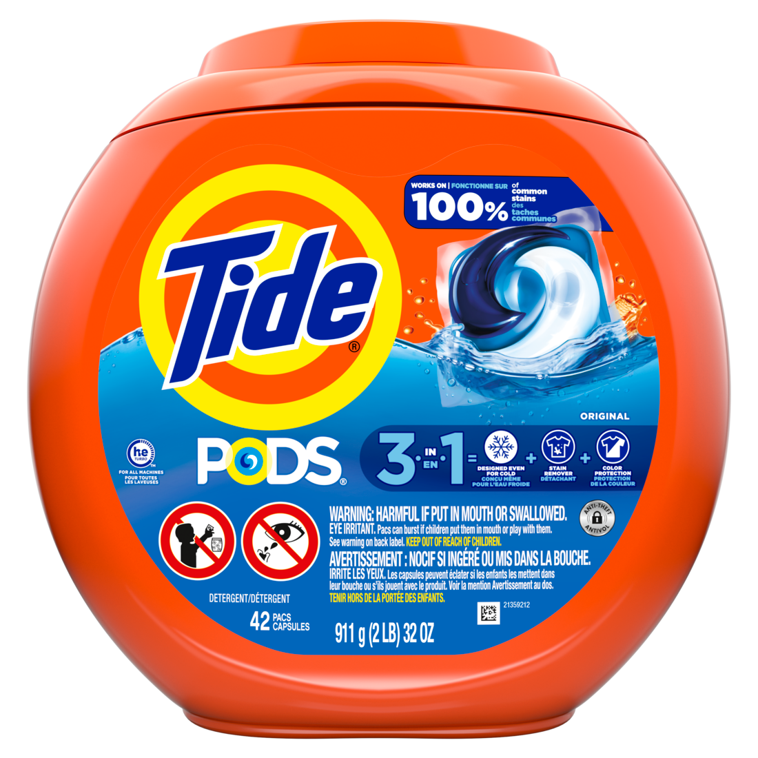 Tide Pods Laundry Detergent Pacs 3-in-1 Stain Remover Odor Fighter Color Protector HE Compatible Original Scent - 42ct/4pk