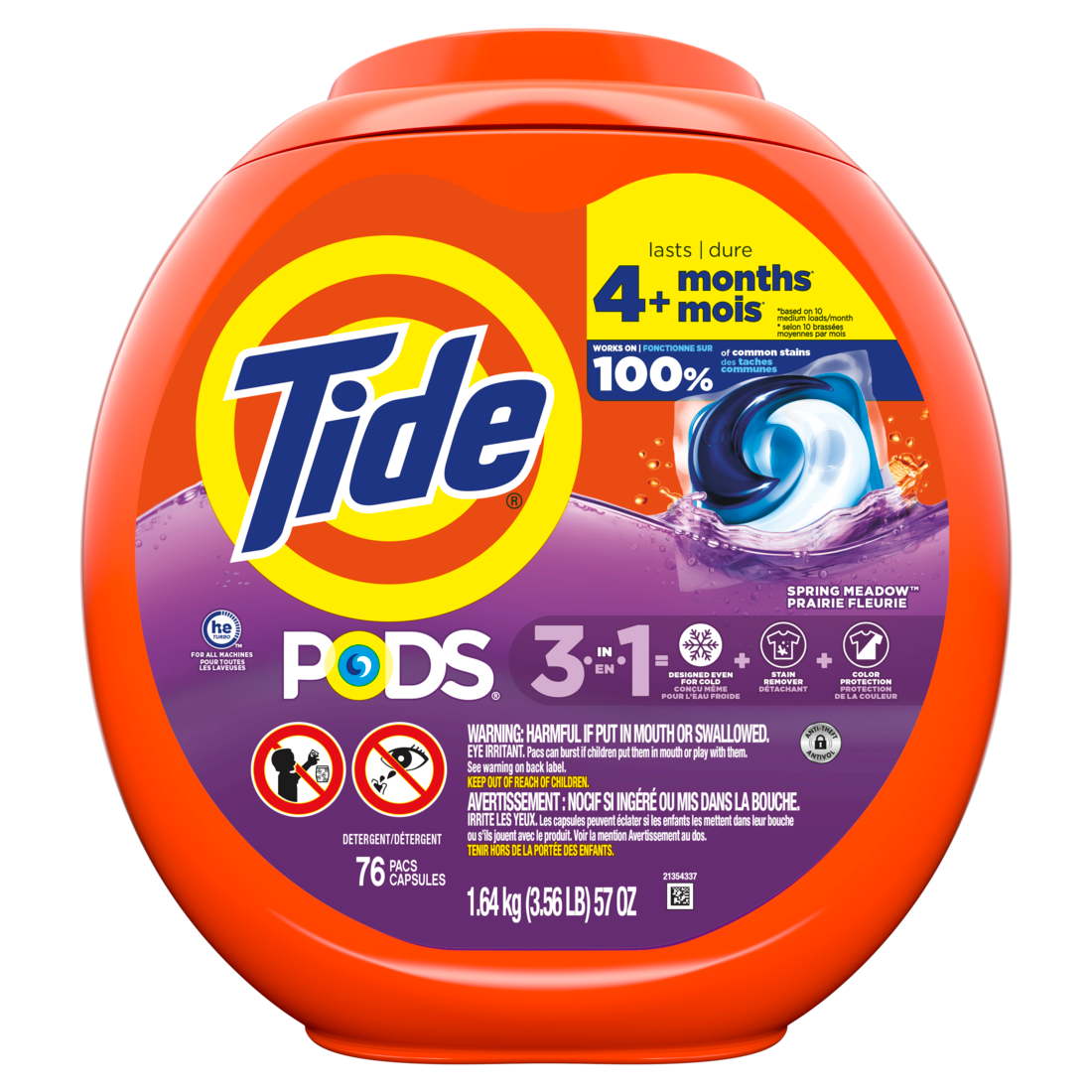 Tide Pods Laundry Detergent Pacs 3-in-1 Stain Remover Odor Fighter Color Protector HE Compatible Spring Meadow Scent - 76ct/4pk