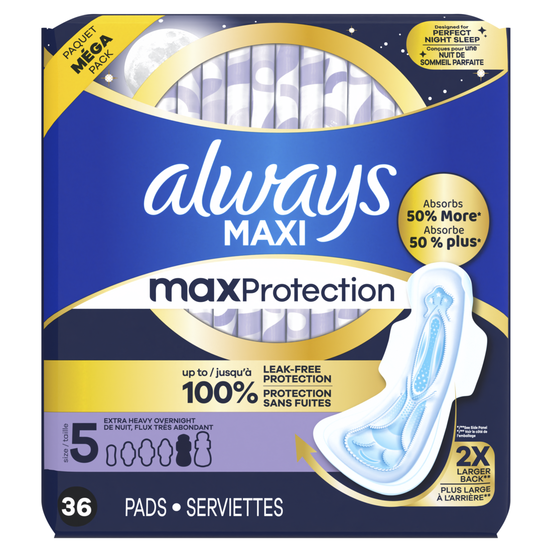 Always Maxi Overnight Pads With Wings For Women Size 5 Extra Heavy Overnight Absorbency Unscented - 36ct/3pk