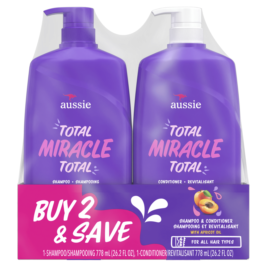 Aussie Total Miracle Shampoo and Conditioner Pump Bottle Dual Pack for All Hair Types Paraben-Free - (2x26.2)oz/4pk