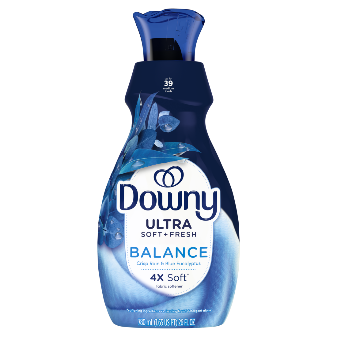 Downy Ultra Soft Plus Fresh Fabric Softener Liquid Balance Crisp Rain & Blue Eucalyptus 39 Loads Downy Fabric Softener Laundry Softener - 26oz/4pk