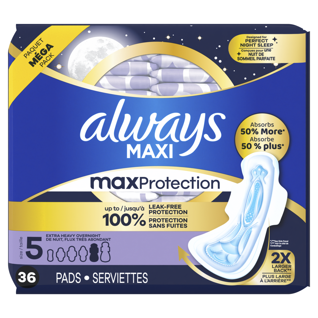 Always Maxi Overnight Pads With Wings For Women Size 5 Extra Heavy Overnight Absorbency Unscented - 36ct/3pk