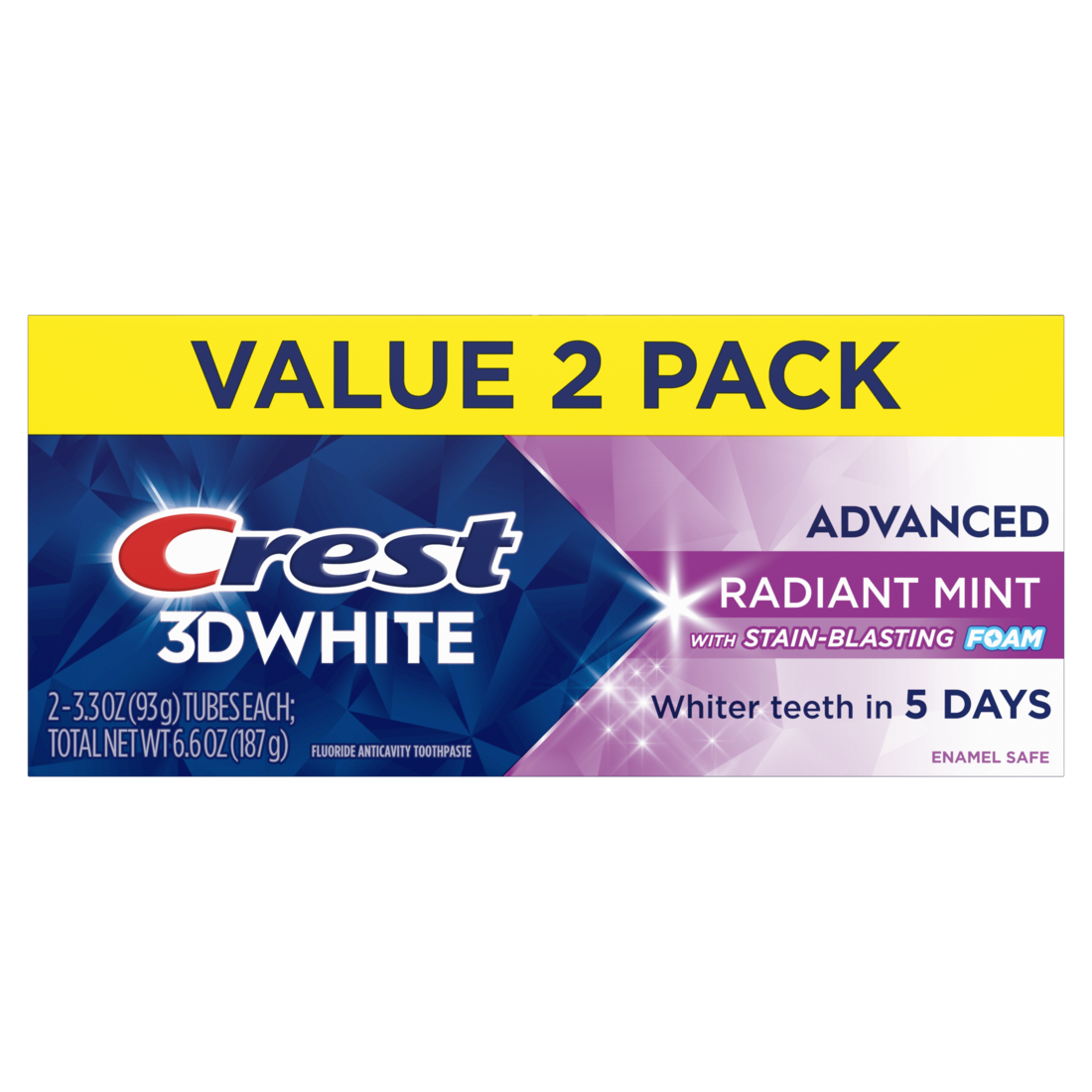 Crest Toothpaste 3Dwhite Advanced Teeth Whitening  Radiant Mint Pack Of 2 - (2x3.3)oz/6pk