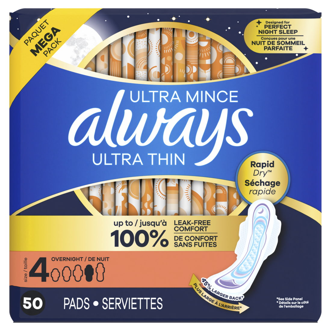 Always Ultra Thin Feminine Pads With Wings For Women Size 4 Overnight Absorbency Unscented - 50ct/3pk