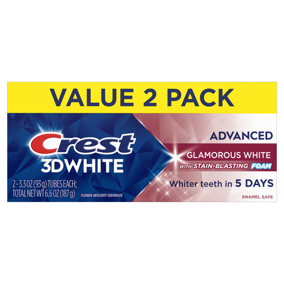 Crest Toothpaste 3Dwhite Advanced Teeth Whitening Glamorous White Pack Of 2 - (2x3.3)oz/6pk