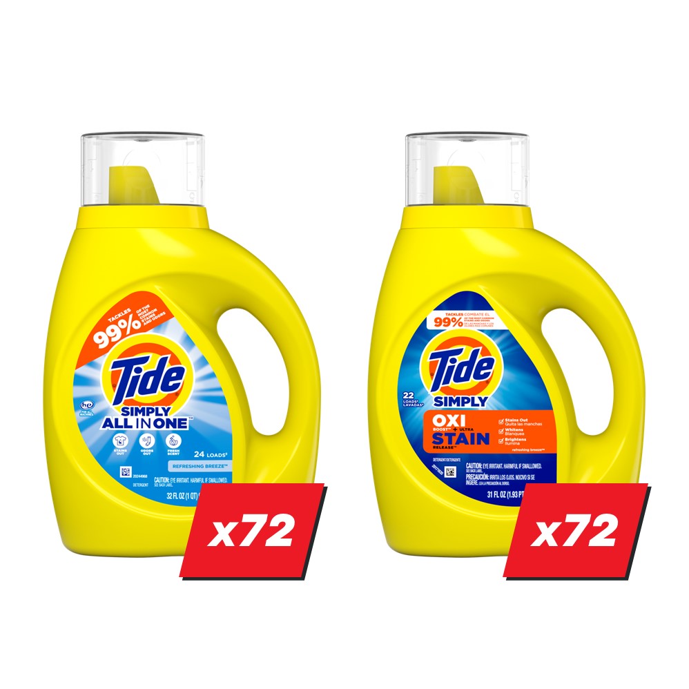 Tide Simply Liquid Laundry Detergent Display (72x32oz Refreshing Breeze; 72x31oz Oxi Refreshing Breeze) - (31-32)oz/144pk