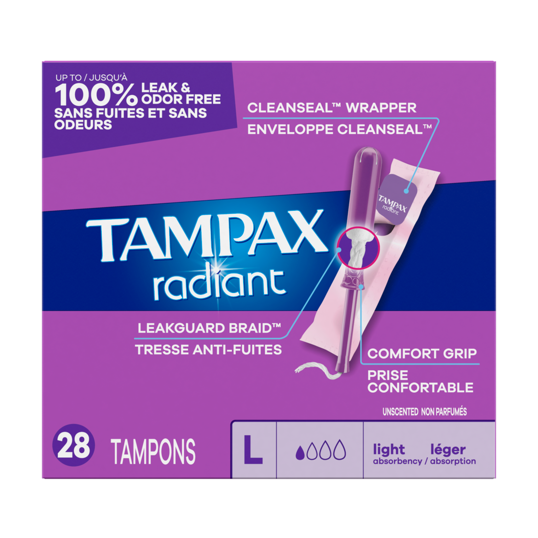 Tampax Radiant Tampons With Leakguard Braid Light Absorbency Unscented - 28ct/6pk