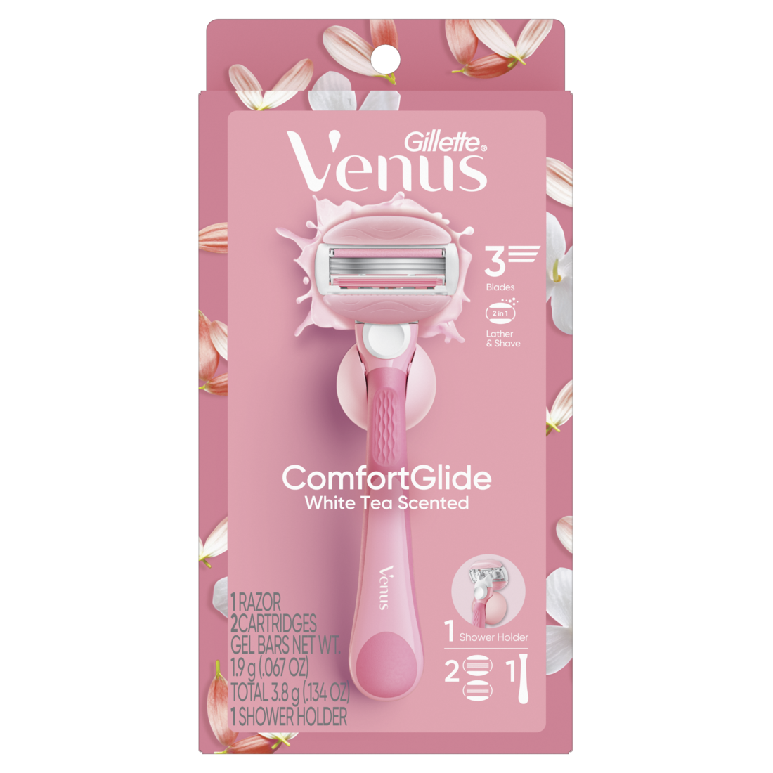 Venus Comfortglide Women's Razor White Tea Scented With Reusable Razor (1 Handle; 2 Razor Blade Refills; 1 Shower Holder) - 1set/3pk