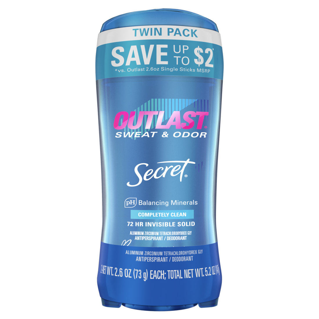Secret Outlast Invisible Solid Antiperspirant And Deodorant Completely Clean Twin Pack - (2x2.6)oz/6pk