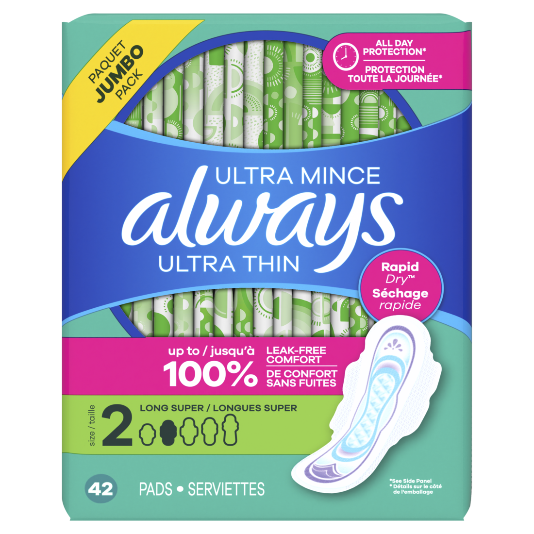 Always Ultra Thin Feminine Pads With Wings For Women Size 2 Long Super Absorbency Unscented - 42ct/3pk