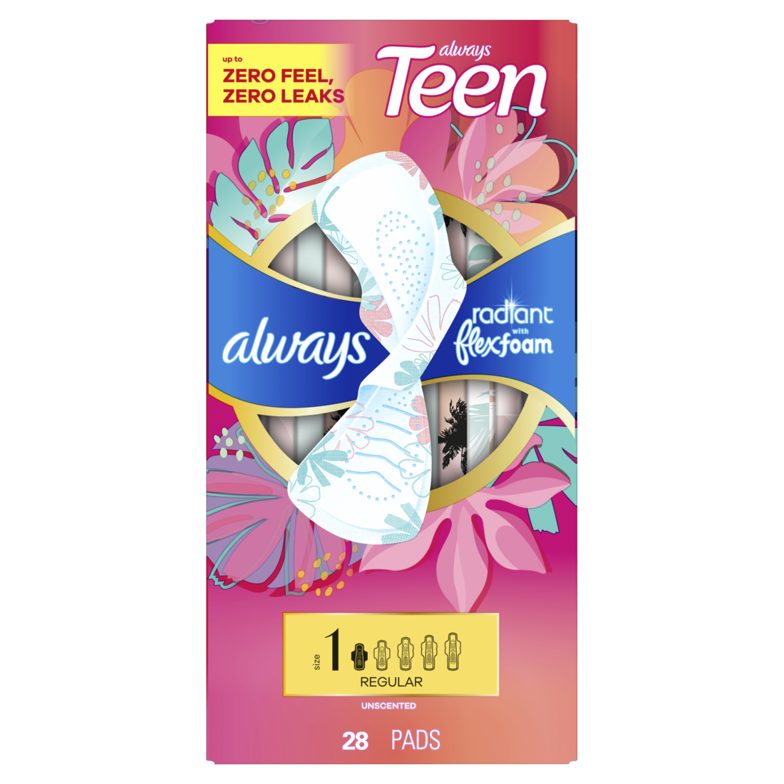 Always Radiant Teen With Flexfoam Pads Size 1 Regular With Wings Unscented - 28ct/6pk