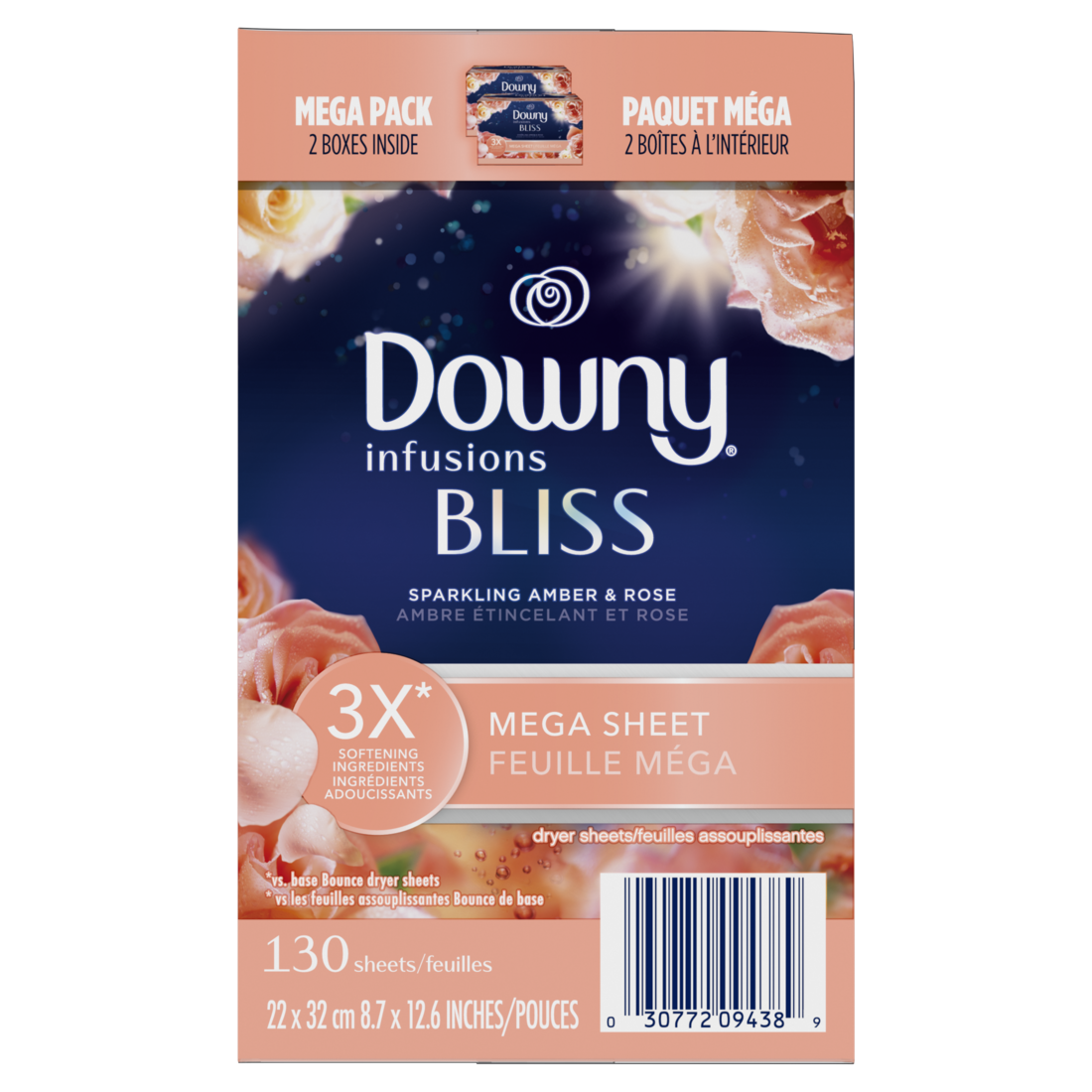 Downy Infusions Mega Dryer Sheets Laundry Fabric Softener Bliss Amber And Rose - 130ct/3pk
