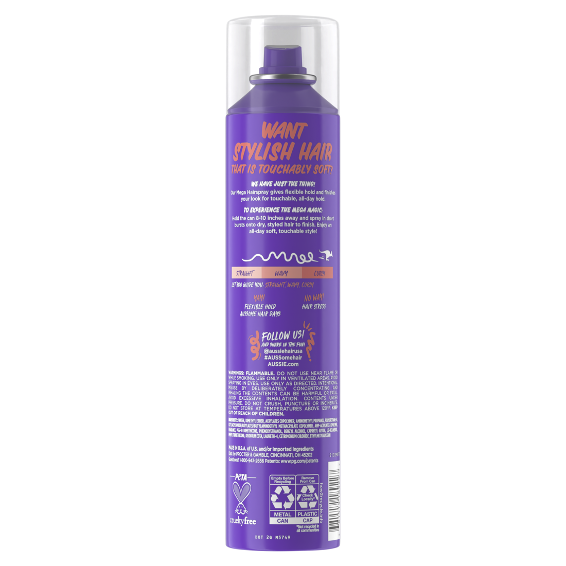 Aussie Mega Flexible Hair Spray For Curly Hair Straight Hair And Wavy Hair - 10oz/12pk