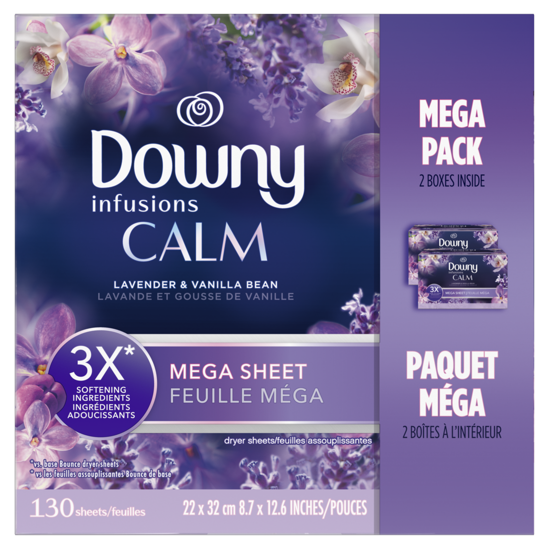 Downy Calm Mega Dryer Sheets Laundry Fabric Softener Lavender And Vanilla Bean - 130ct/3pk