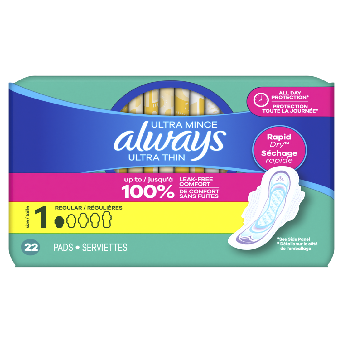 Always Ultra Thin Feminine Pads With Wings For Women Size 1 Regular Absorbency Unscented - 22ct/12pk