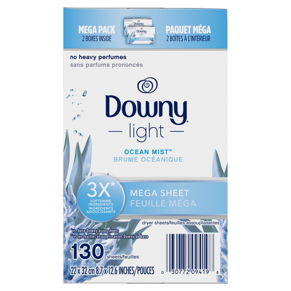 Downy Light Mega Dryer Sheets Laundry Fabric Softener Ocean Mist (2 Boxes 65 Sheets Per Box) - 130ct/3pk