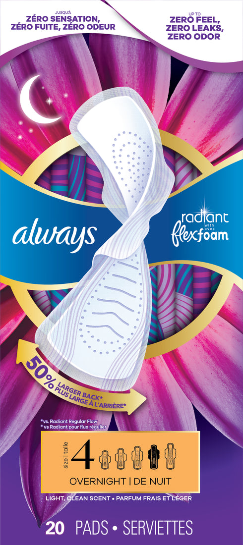 Always Radiant With Flexfoam Pads Size 4 Overnight With Wings Light Clean Scent - 20ct/3pk