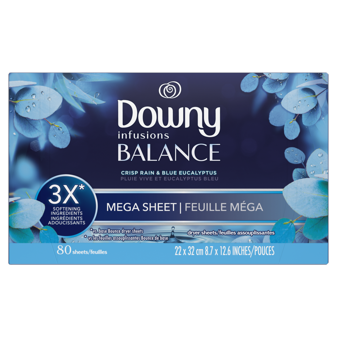 Infusions Mega Dryer Sheets Laundry Fabric Softener Balance Crisp Rain And Blue Eucalyptus - 80ct/4pk
