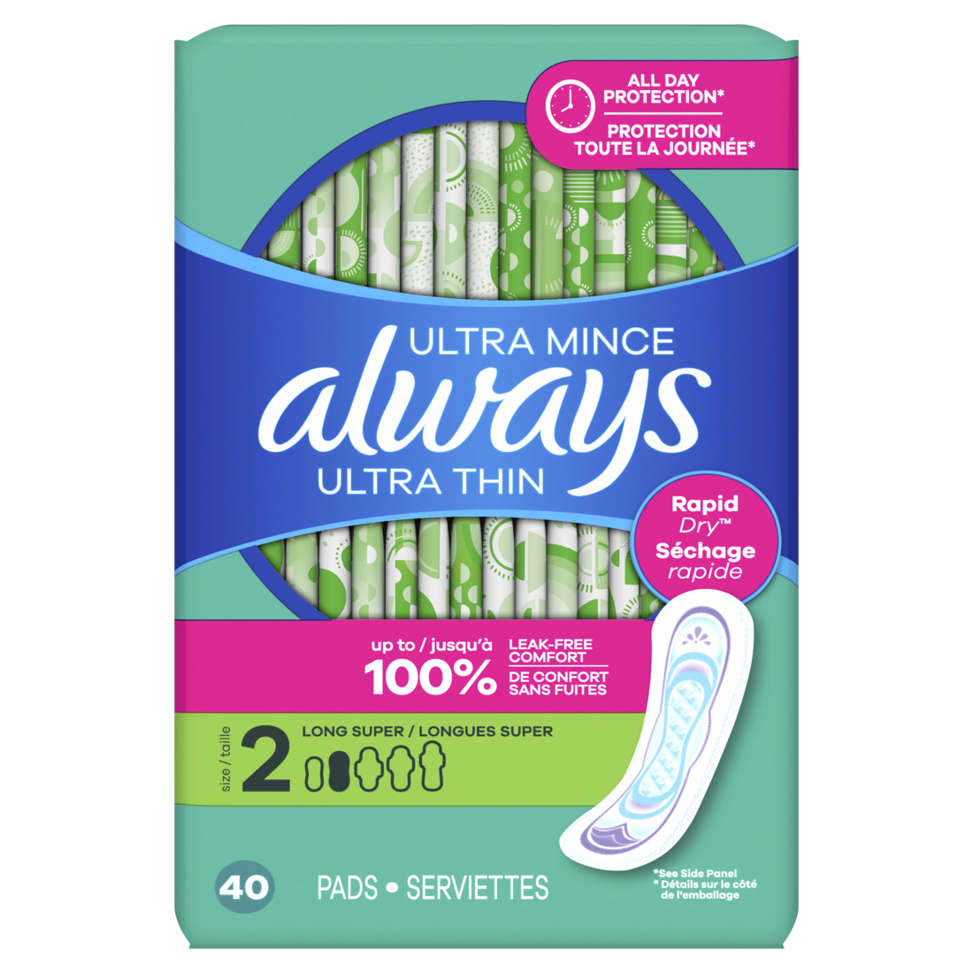 Always Ultra Thin Feminine Pads Without Wings For Women Size 2 Long Super Absorbency Unscented - 40ct/3pk