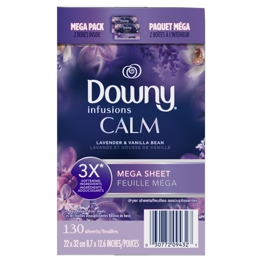Downy Calm Mega Dryer Sheets Laundry Fabric Softener Lavender And Vanilla Bean - 130ct/3pk