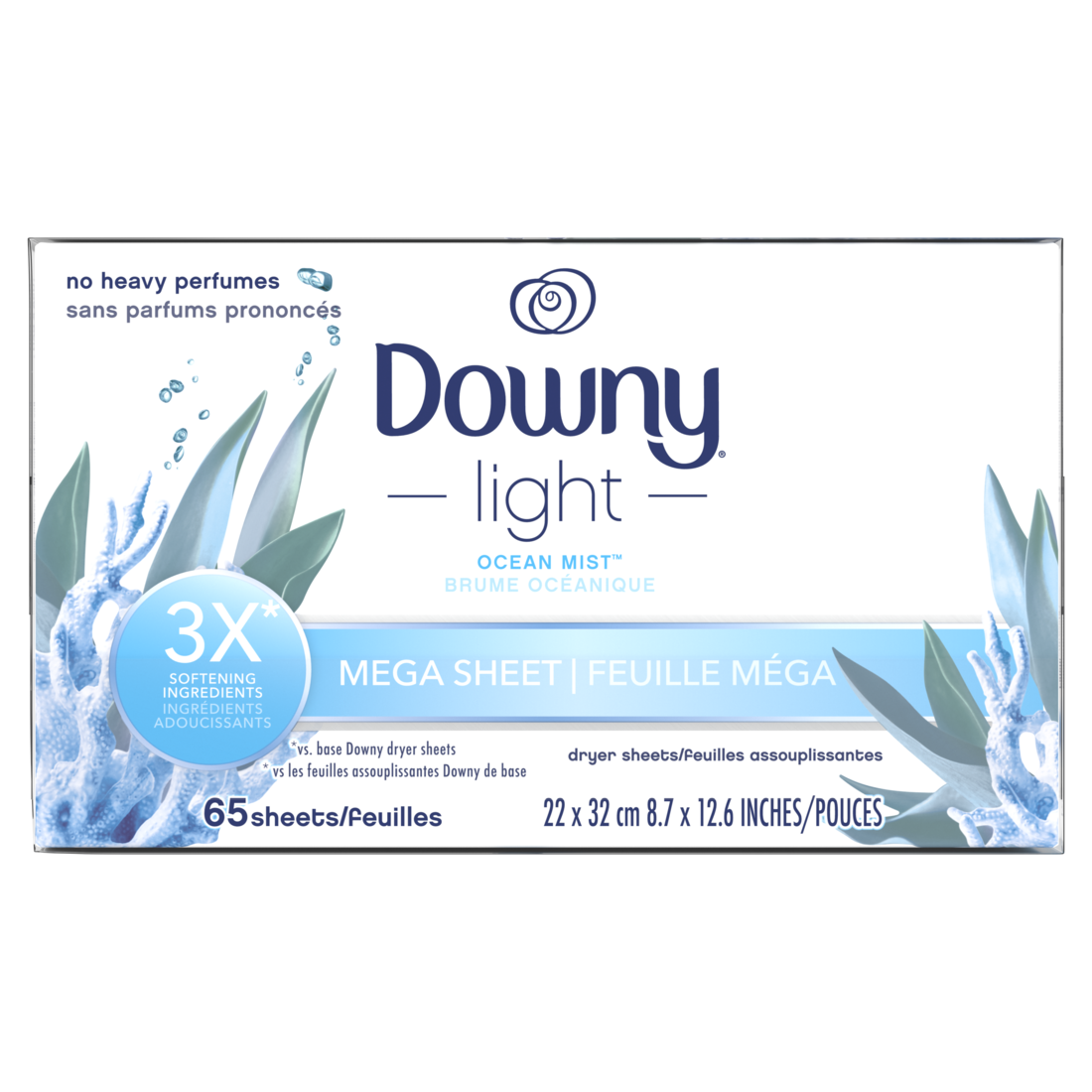 Downy Light Mega Dryer Sheets Laundry Fabric Softener Ocean Mist (2 Boxes 65 Sheets Per Box) - 130ct/3pk