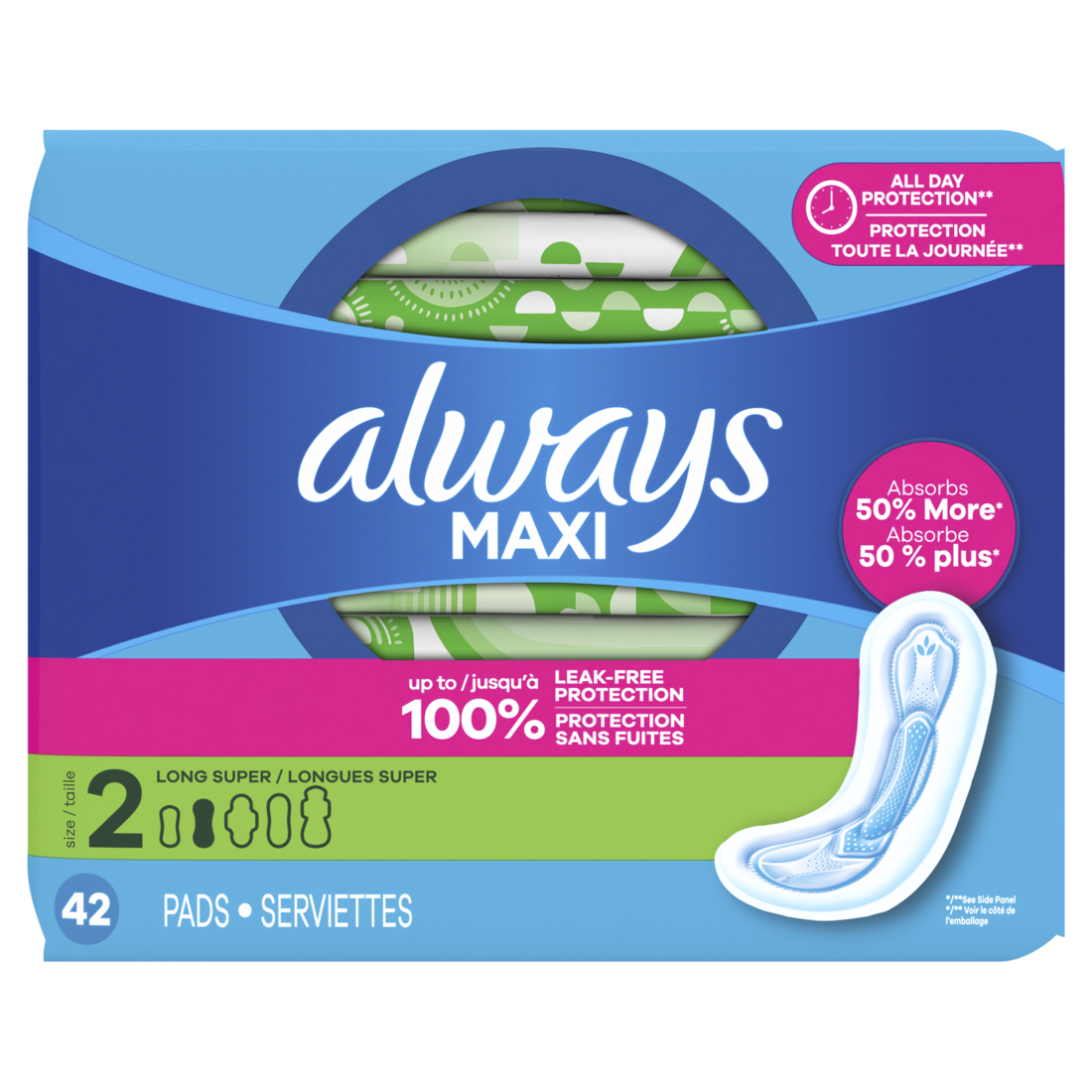 Always Maxi Feminine Pads Without Wings For Women Size 2 Long Super Absorbency Unscented - 42ct/6pk