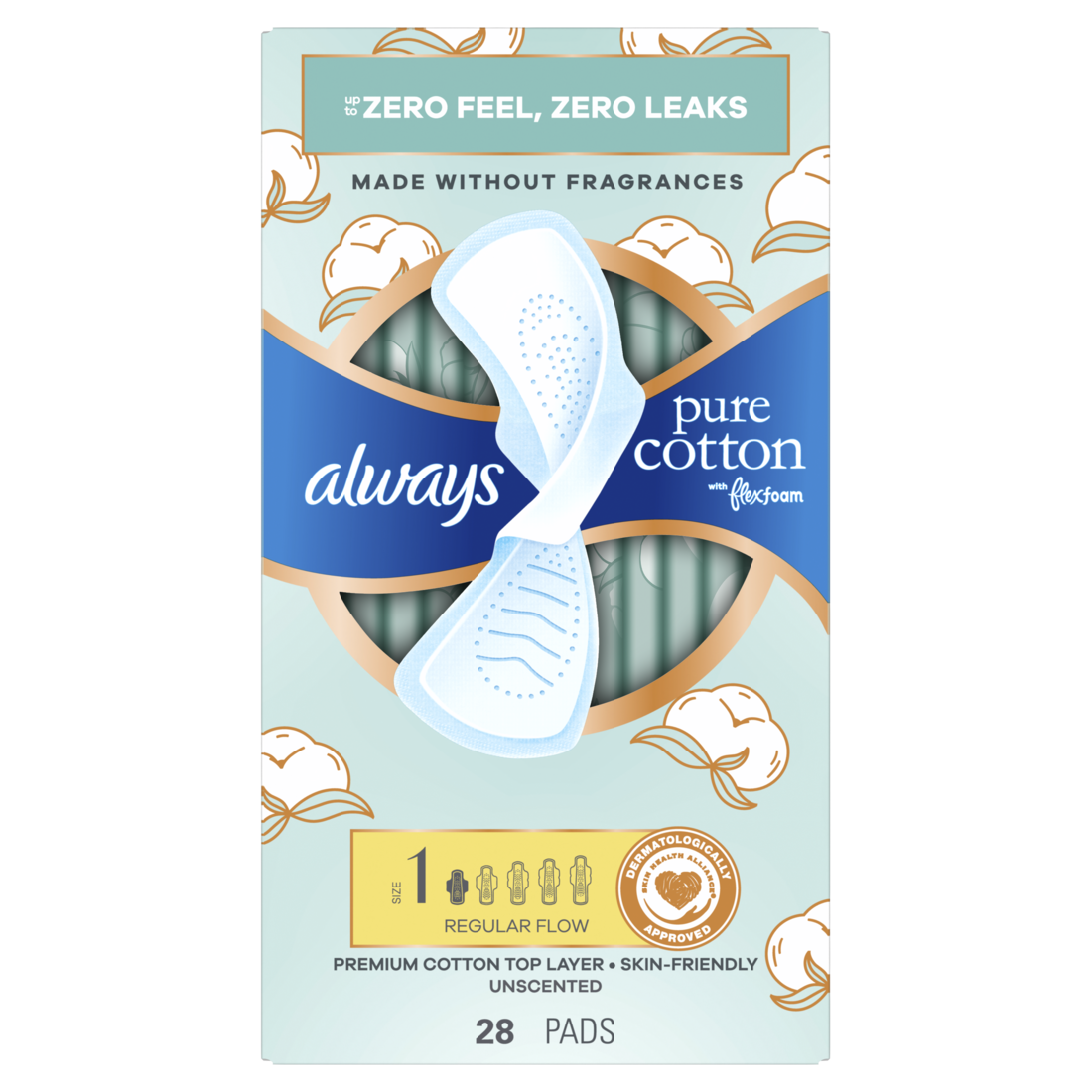 Always Pure Cotton With Flexfoam Pads Size 1 Regular With Wings Unscented - 28ct/3pk