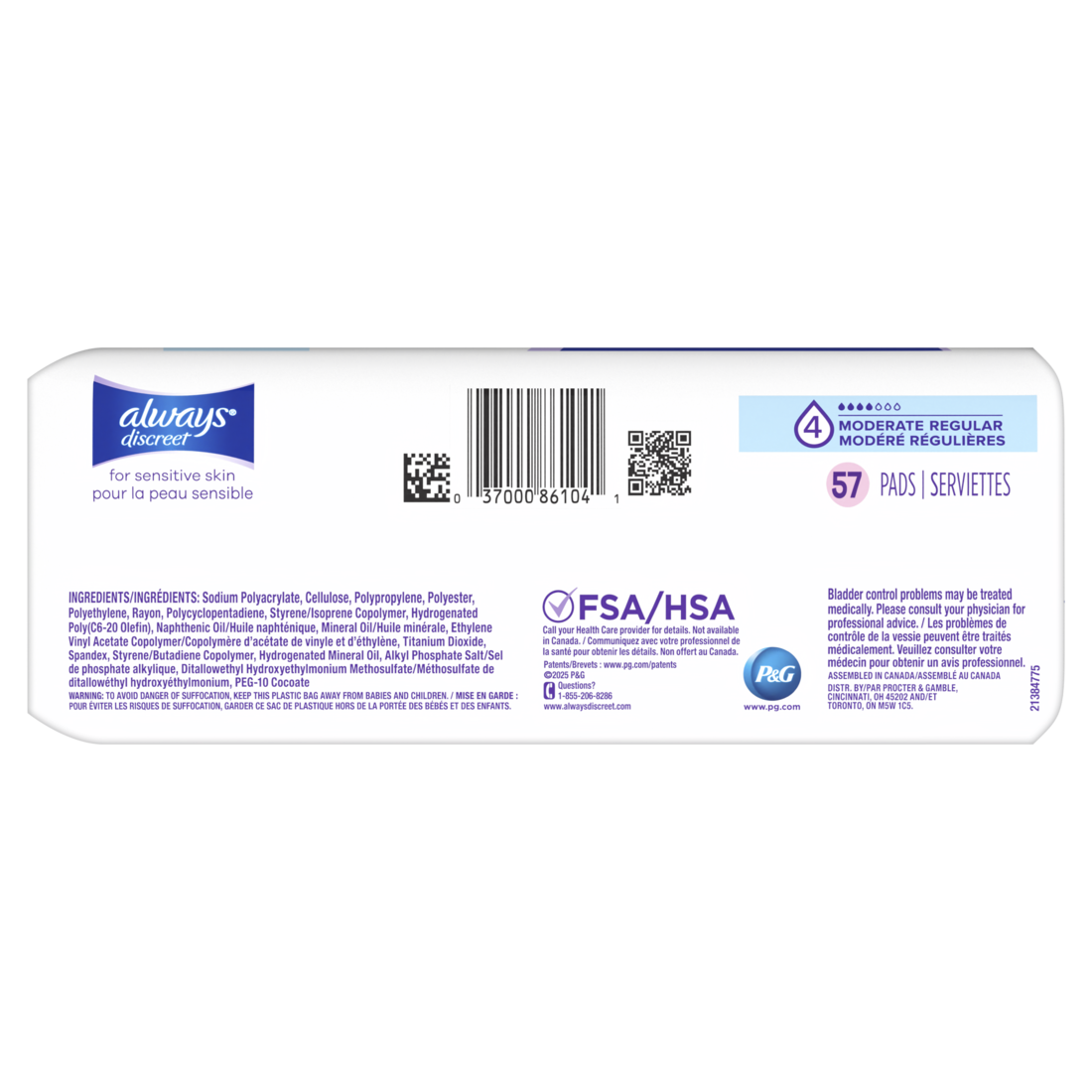 Always Discreet Incontinence Pads For Women With Bladder Leaks Sensitive Skin Pads Moderate Absorbency Regular Length - 57ct/3pk