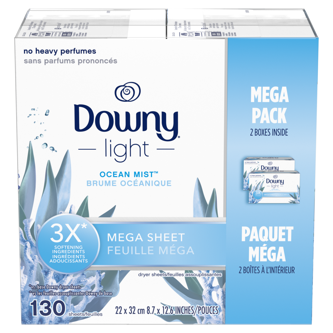 Downy Light Mega Dryer Sheets Laundry Fabric Softener Ocean Mist (2 Boxes 65 Sheets Per Box) - 130ct/3pk