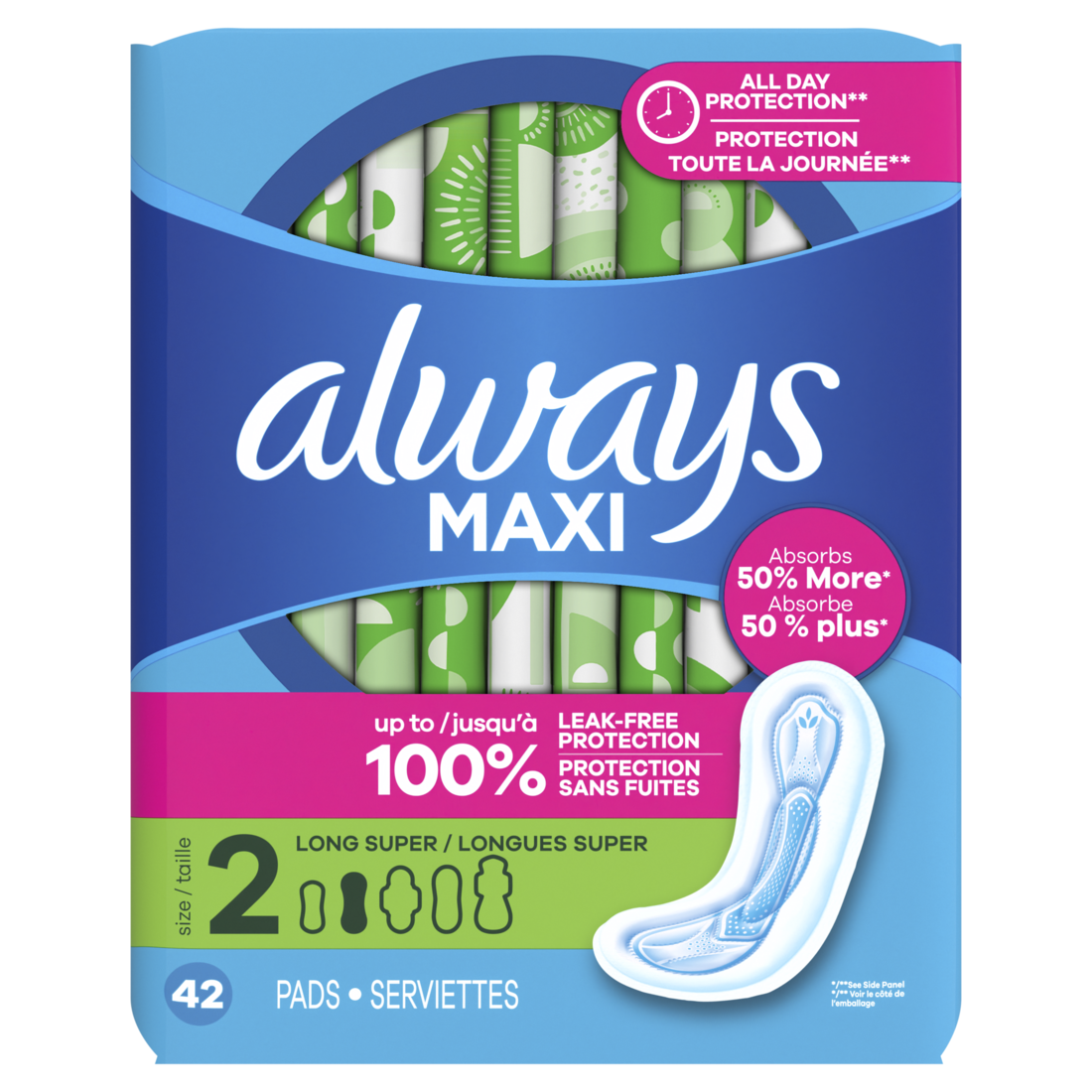 Always Maxi Feminine Pads Without Wings For Women Size 2 Long Super Absorbency Unscented - 42ct/6pk