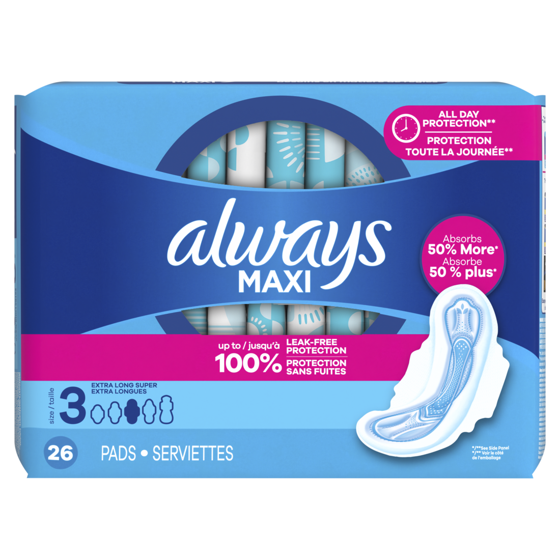 Always Maxi Feminine Pads With Wings For Women Size 3 Extra Long Super Absorbency Unscented - 26ct/6pk