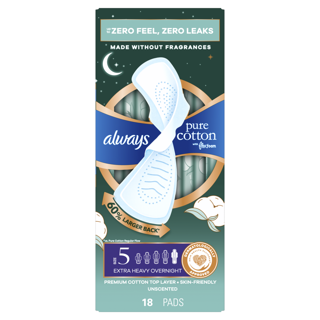 Always Pure Cotton With Flexfoam Pads Size 5 Extra Heavy Overnight With Wings Unscented - 18ct/3pk