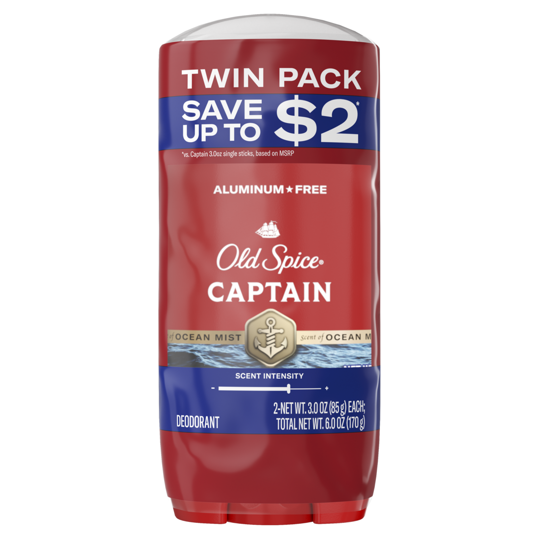 Old Spice Red Collection Deodorant For Men Captain Scent Aluminum Free Long-Lasting Fragrance - (2x3.0)oz/6pk